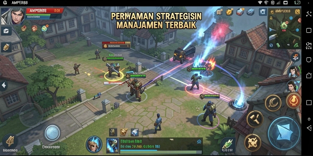 Screenshot gameplay AMPER88 yang menunjukkan pertempuran seru dan pengelolaan sumber daya.