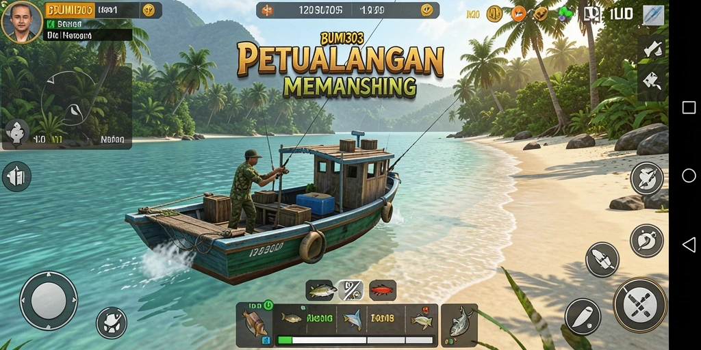 Tampilan gameplay BUMI303 dengan suasana memancing yang menenangkan.