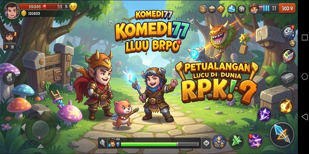 Tampilan gameplay lucu dan penuh warna dalam KOMEDI77.