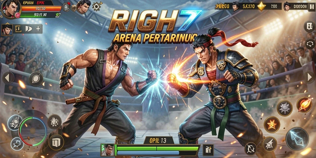 Screenshot RICH7 menunjukkan pertarungan dramatis antara karakter.